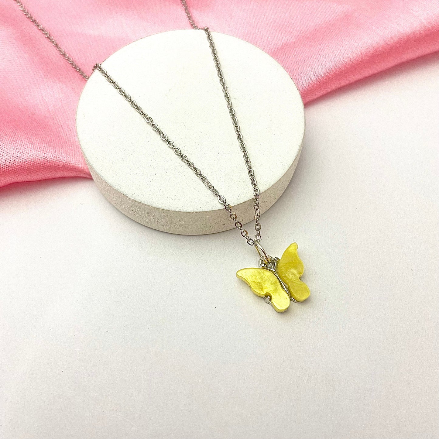 Waterproof Acrylic Light Yellow Butterfly Charm Necklace With Stainless Steel Chain - DropShp