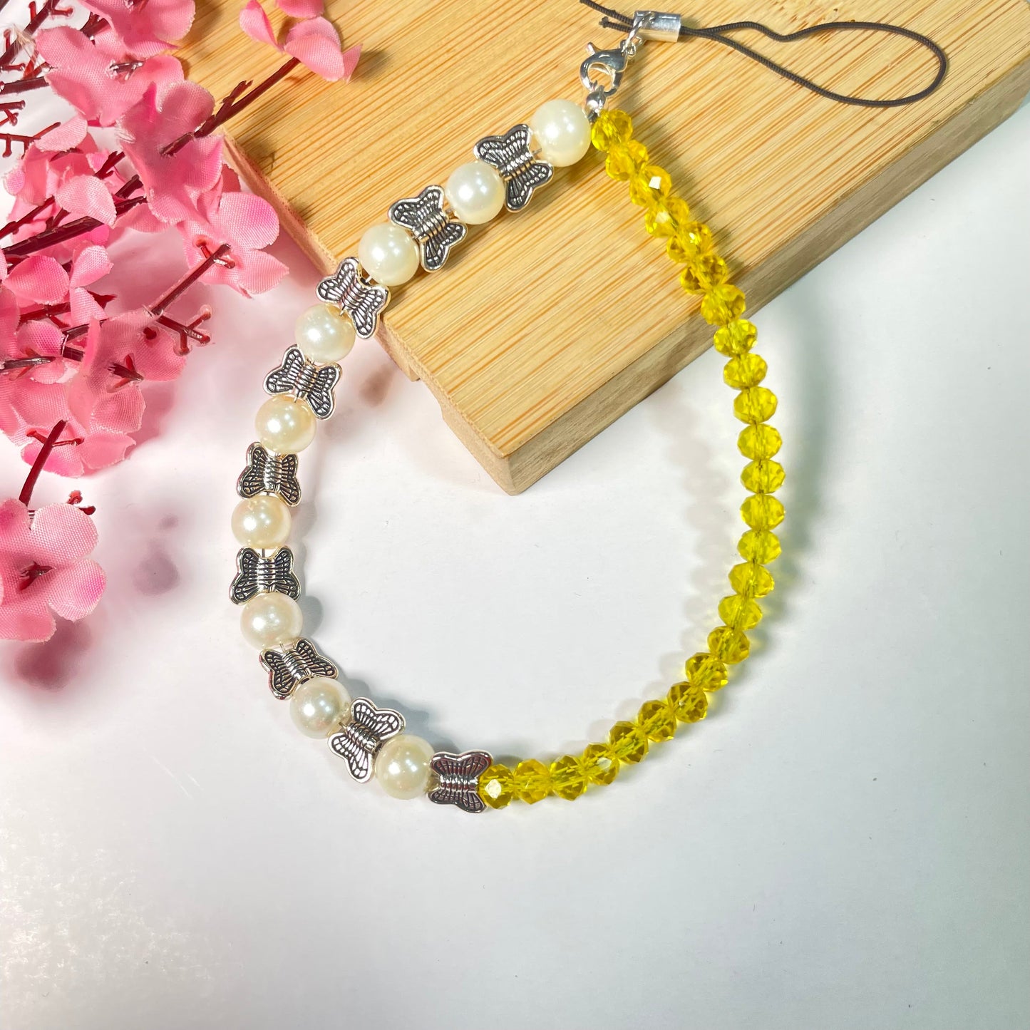Cute Yellow Crystal Glass Beads Phone Charm Strap With Butterfly Charm - DropShp