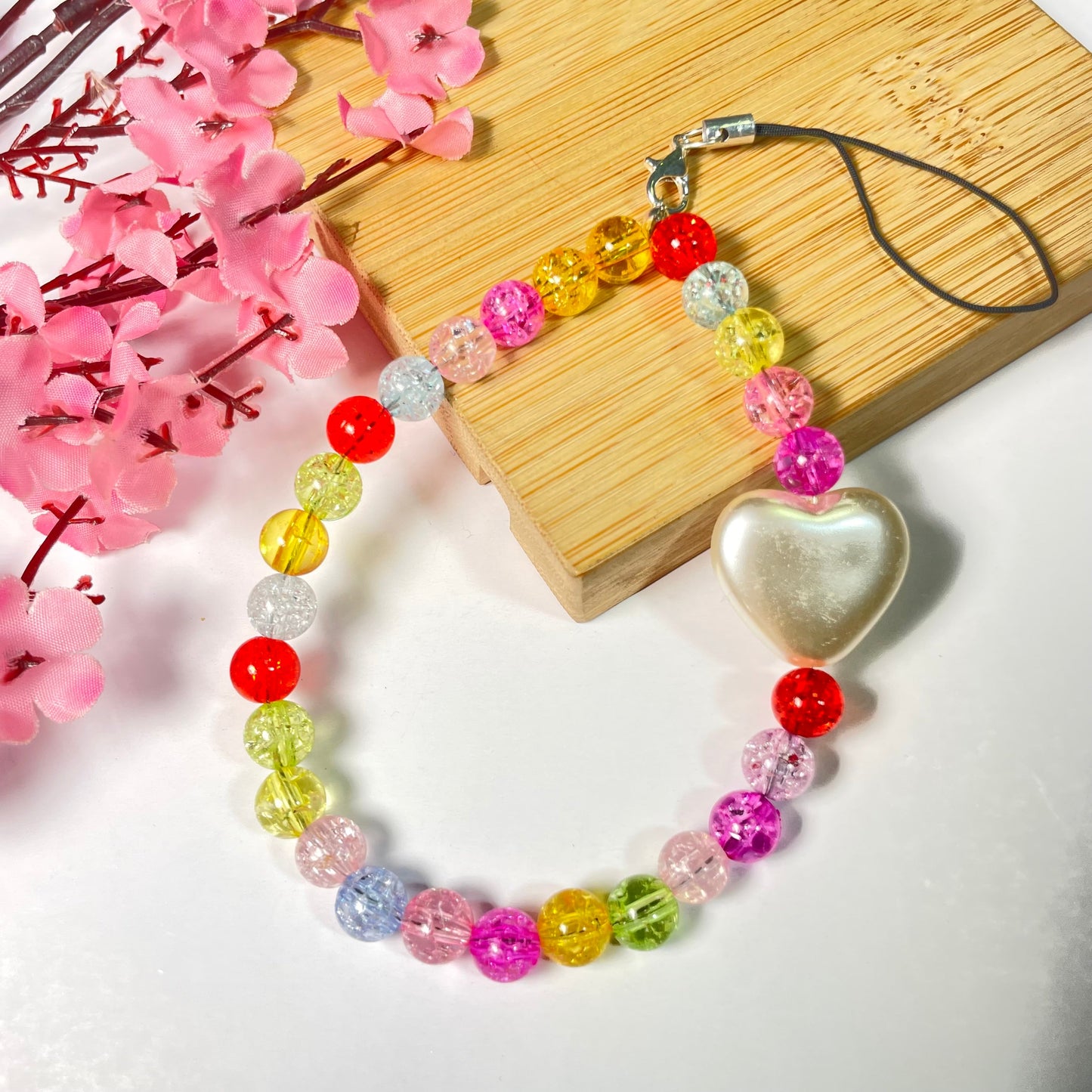 Cute Multicolour Plastic Beads Phone Charm Strap With Heart Charm - DropShp