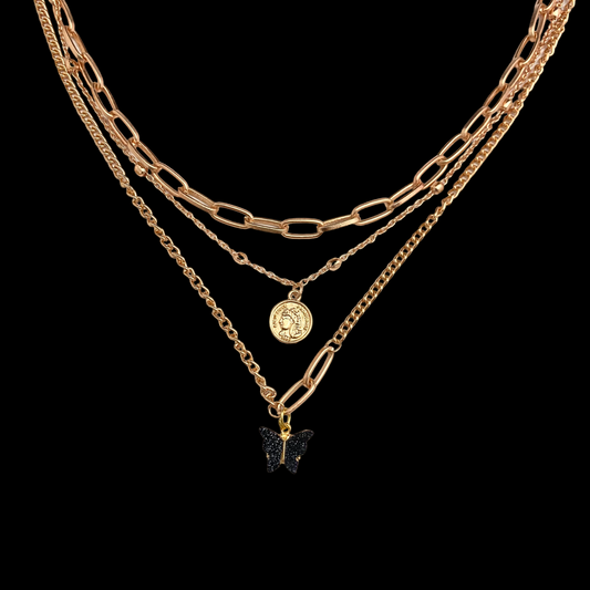 Triple Layered Necklace With Black Glitter Butterfly Charm - DropShp