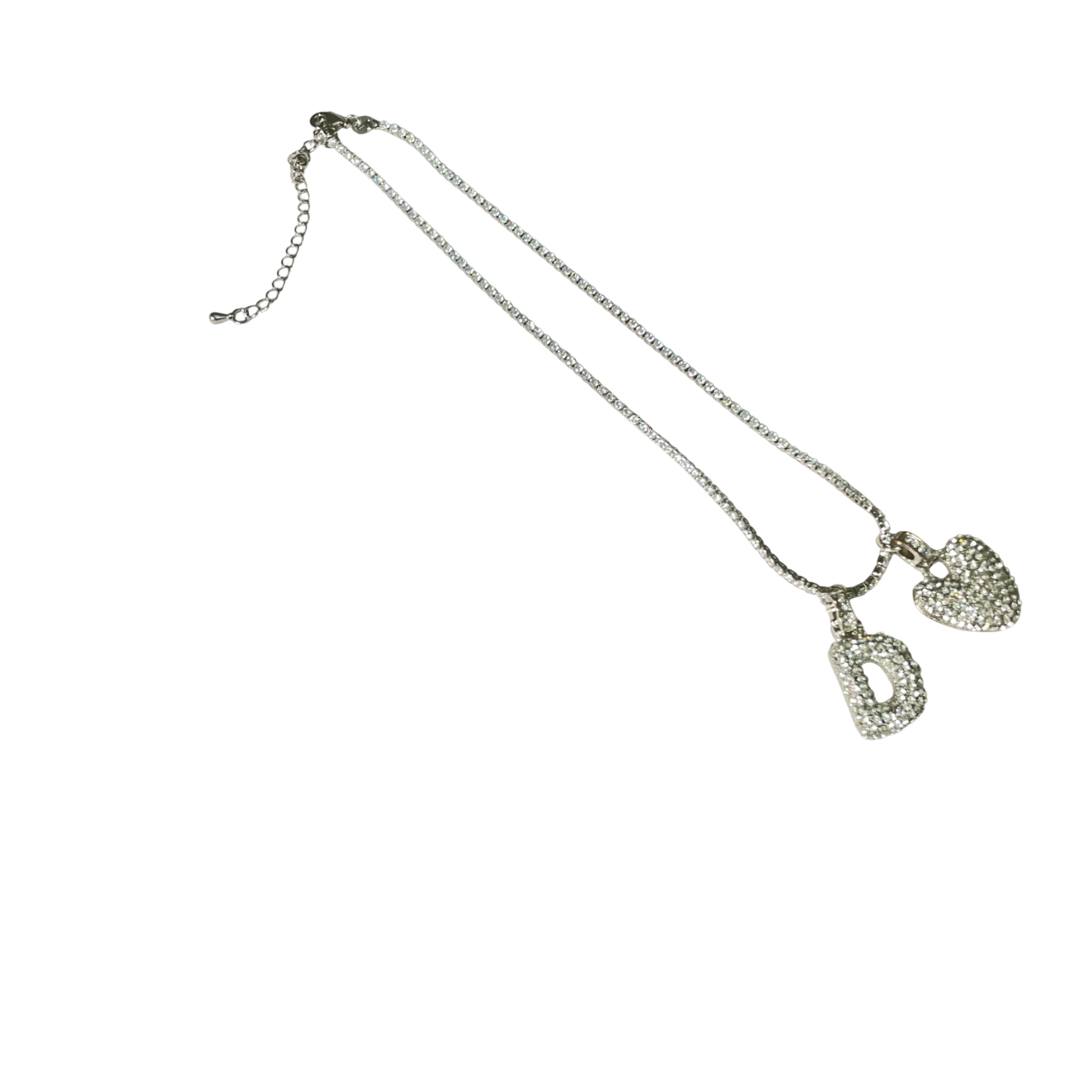 Gift For Valentine's Day Silver Stone Studded D Initial With Heart Charm Necklace - DropShp