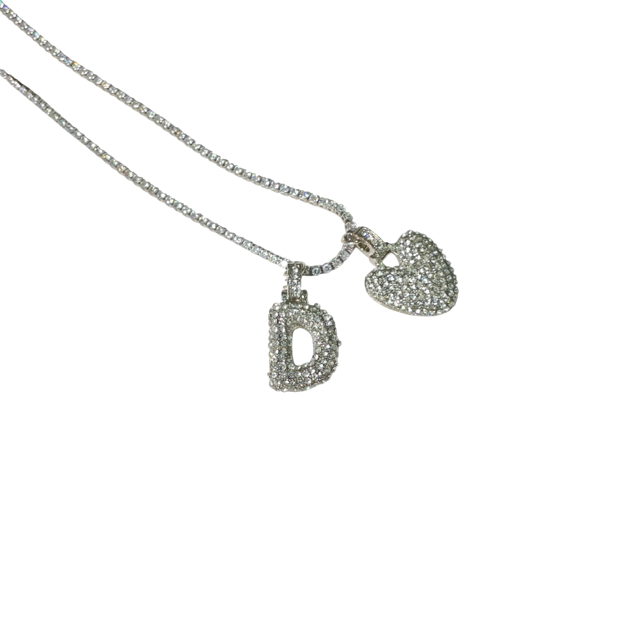 Gift For Valentine's Day Silver Stone Studded D Initial With Heart Charm Necklace - DropShp