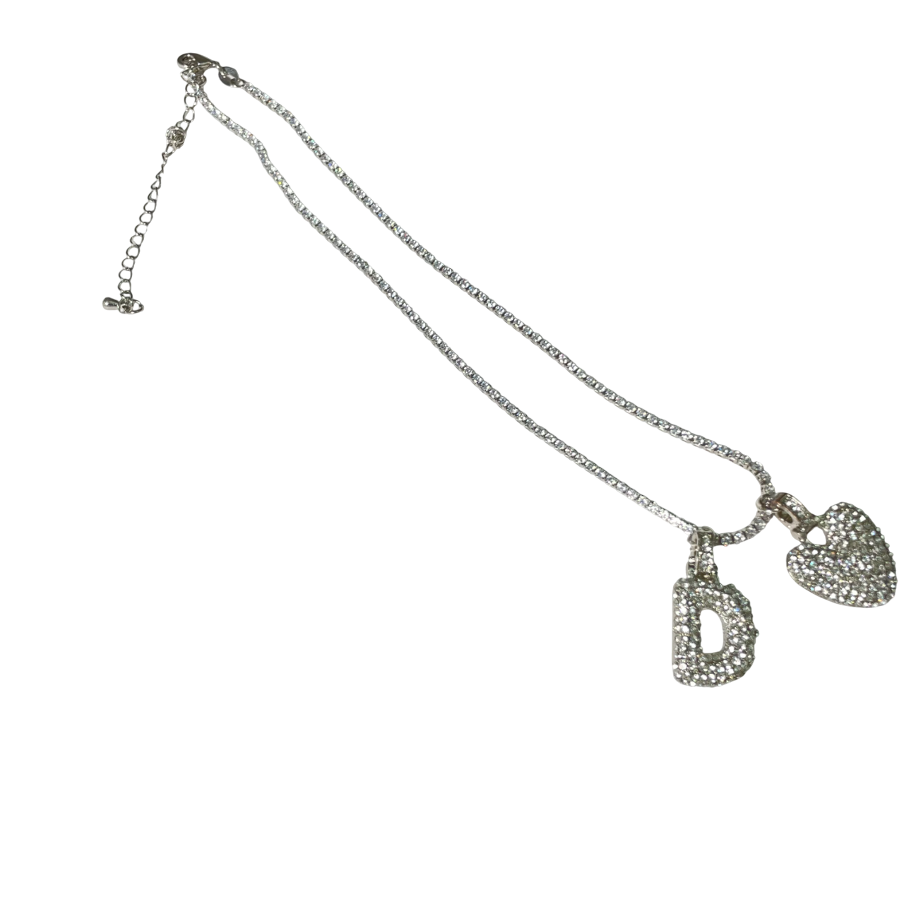 Gift For Valentine's Day Silver Stone Studded D Initial With Heart Charm Necklace - DropShp