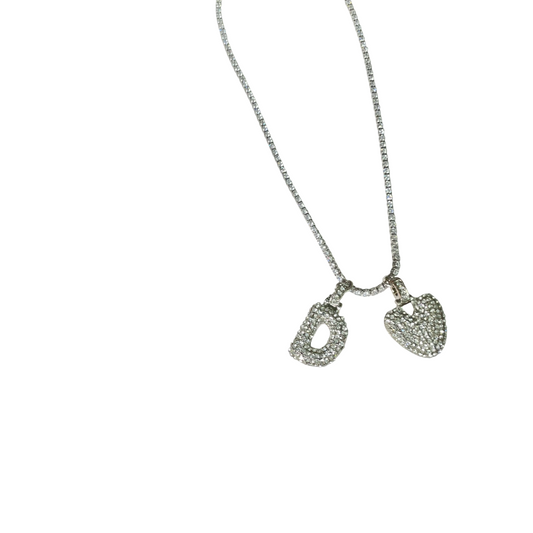 Gift For Valentine's Day Silver Stone Studded D Initial With Heart Charm Necklace - DropShp