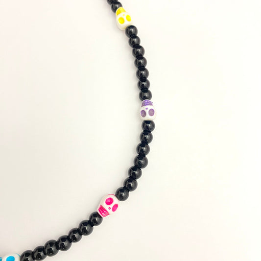 Black Beads Skull Head Necklace (6mm Beads) - DropShp