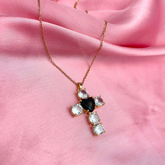 Stainless Steel Golden Cross Necklace With Black Heart - DropShp