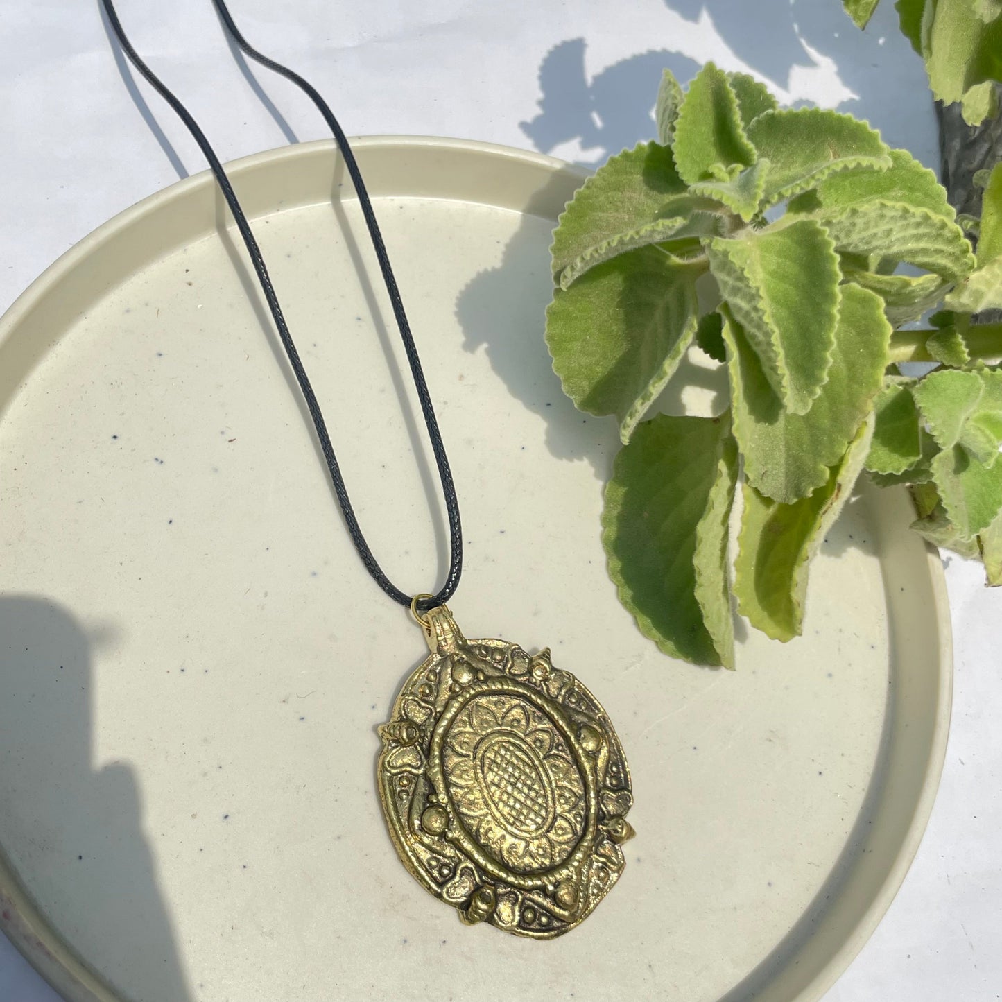 Golden Oval Oxidised Brass Antique Necklace With Adjustable Rope Chain - DropShp