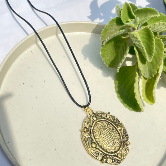Golden Oval Oxidised Brass Antique Necklace With Adjustable Rope Chain - DropShp