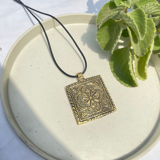 Golden Square Shape Oxidised Brass Antique Necklace With Adjustable Rope Chain - DropShp