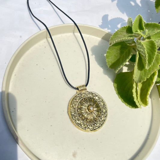Golden Round Shape Oxidised Brass Antique Necklace With Adjustable Rope Chain - DropShp