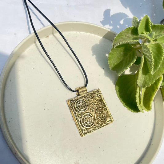 Golden Square Shape Oxidised Brass Antique Necklace With Adjustable Rope Chain - DropShp