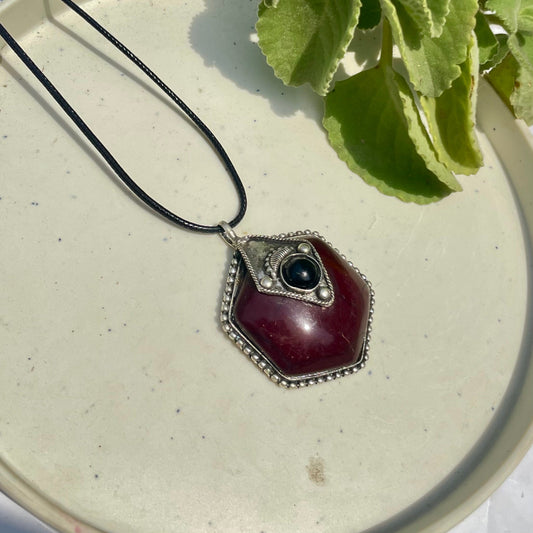 Silver Brown Stone Oxidised Boho Brass Antique Necklace With Adjustable Rope Chain - DropShp