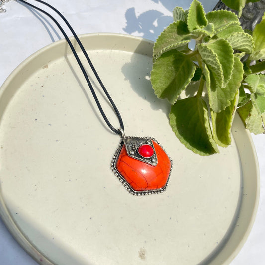 Silver Orange Stone Oxidised Boho Brass Antique Necklace With Adjustable Rope Chain - DropShp