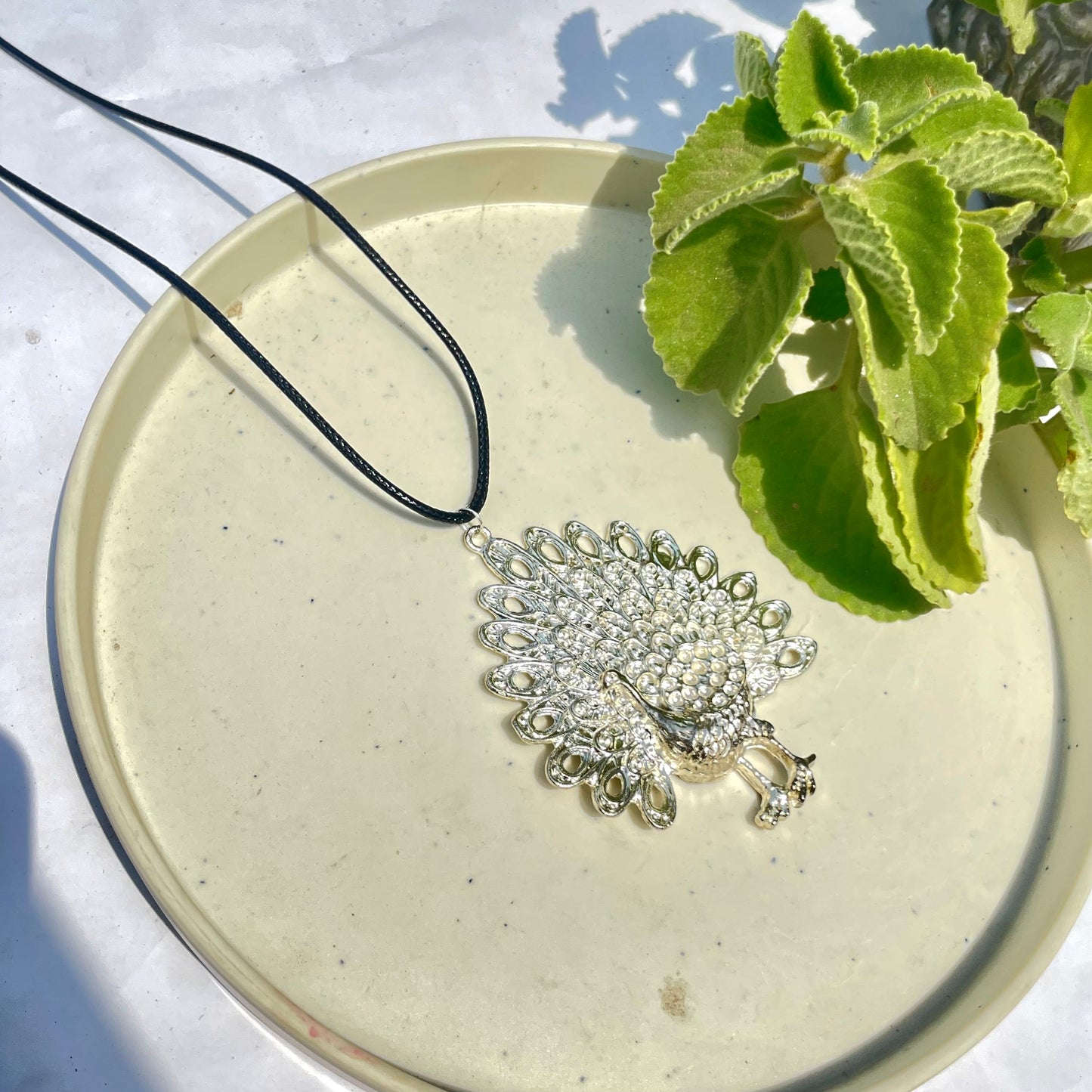 Silver Oxidised Peacock Boho Brass Antique Necklace With Adjustable Rope Chain - DropShp