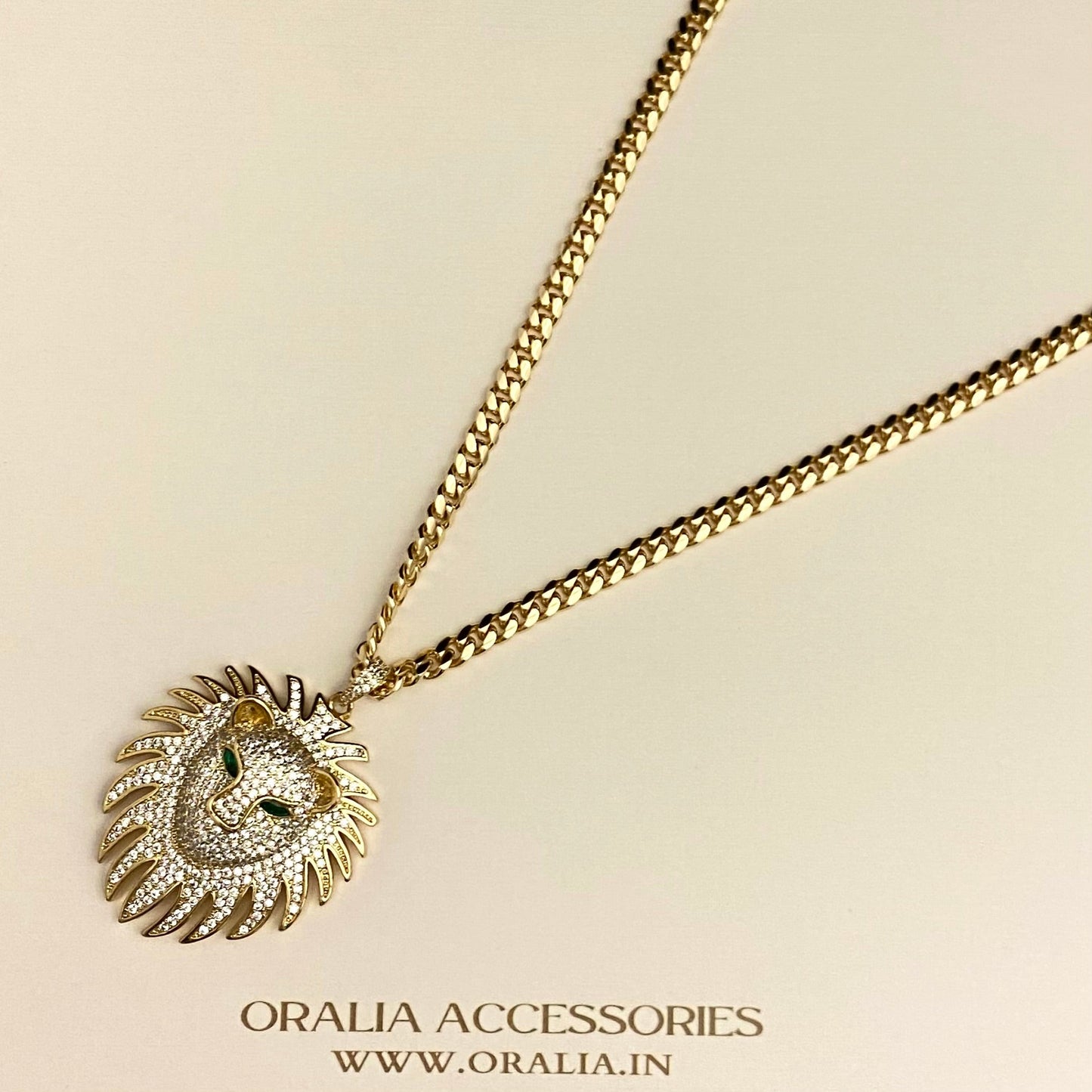Golden Copper Stone Studded Rhinestone Lion Head Pendant Necklace With Stainless Steel Chain - DropShp