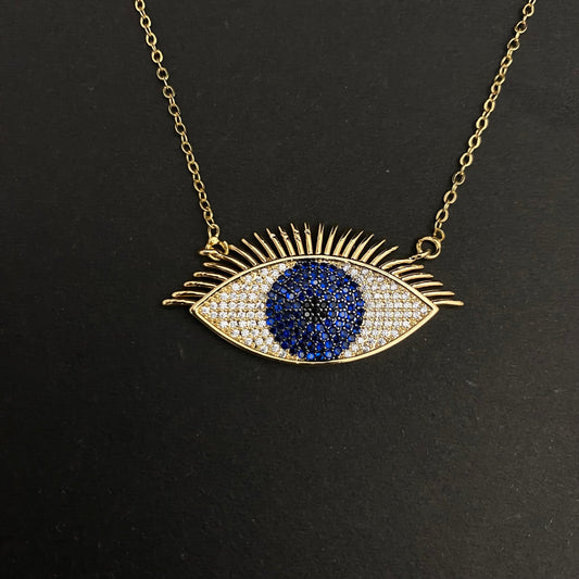Golden Copper Stone Studded Rhinestone Evil Eye Necklace With Stainless Steel Chain - DropShp