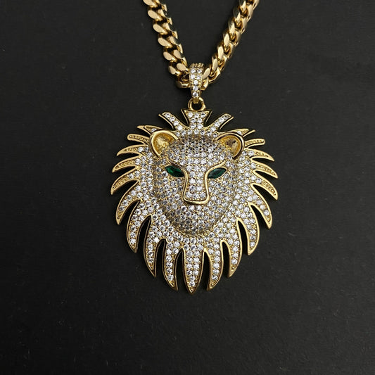 Golden Copper Stone Studded Rhinestone Lion Head Pendant Necklace With Stainless Steel Chain - DropShp