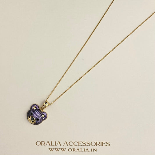 Golden Copper Stone Studded Rhinestone Purple Bear Pendant Necklace With Stainless Steel Chain - DropShp