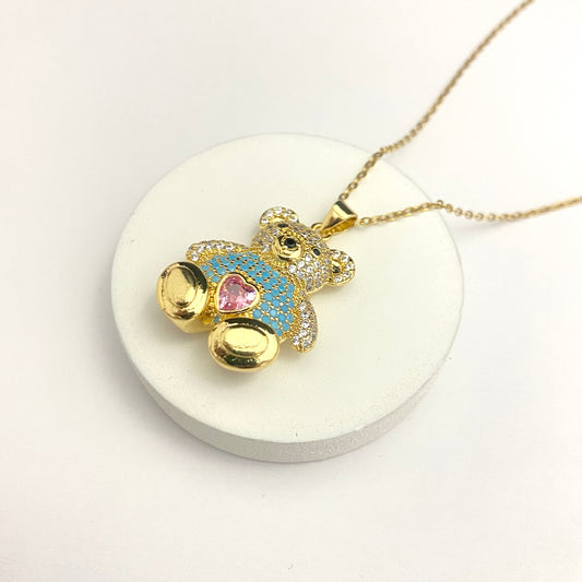 Golden Copper Stone Studded Blue Bear Pendant Necklace With Stainless Steel Chain - DropShp