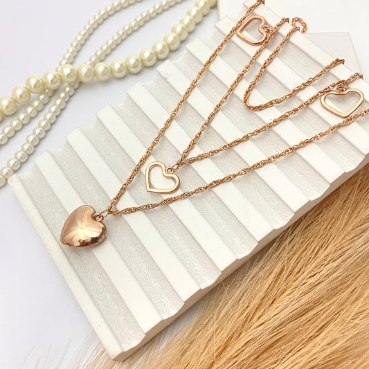Golden Triple Layered Heart Pendant Charm Necklace For Girls Perfect For Dailywear - DropShp