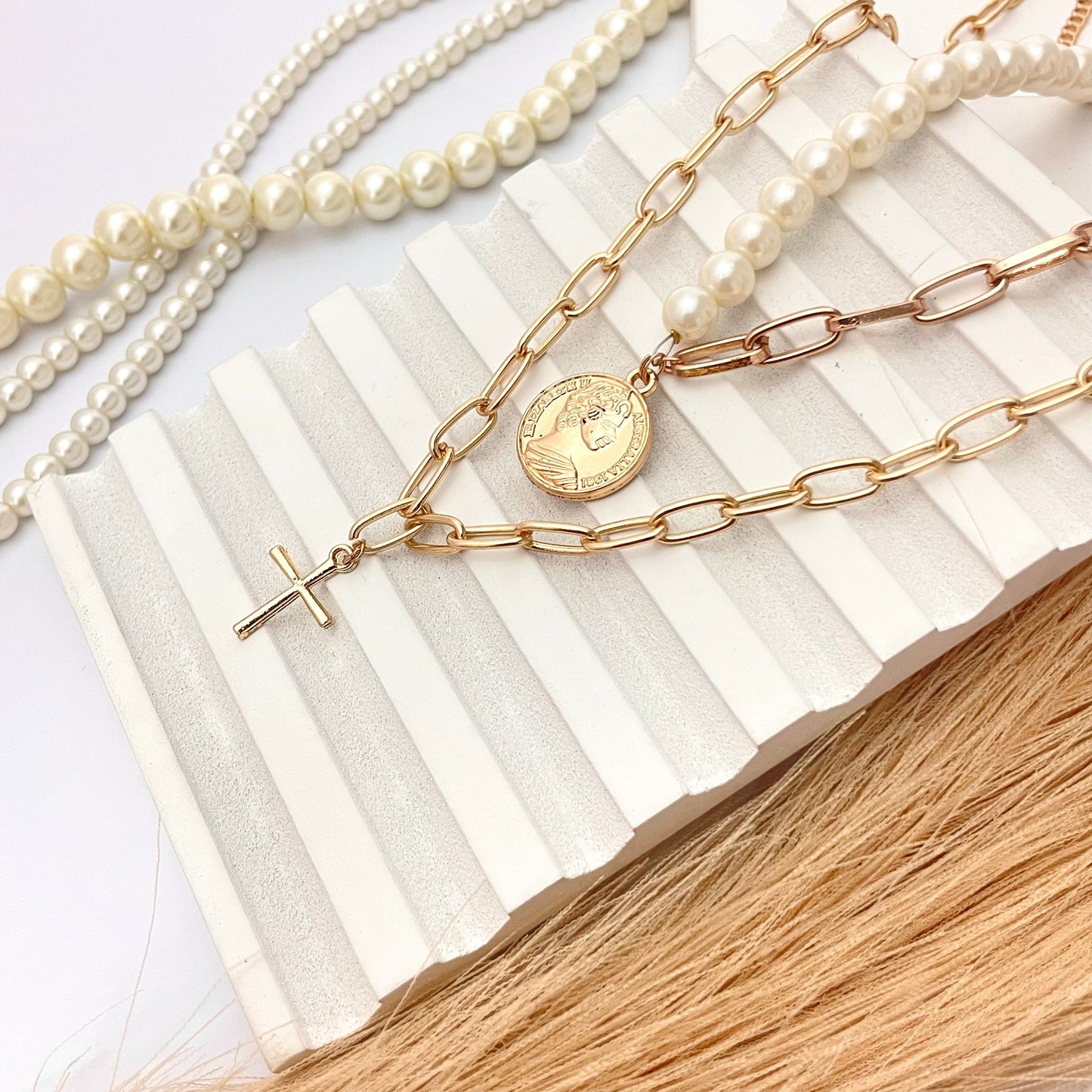 Double Layered Coin With Cross Charm Necklace Perfect For Dailywear - DropShp
