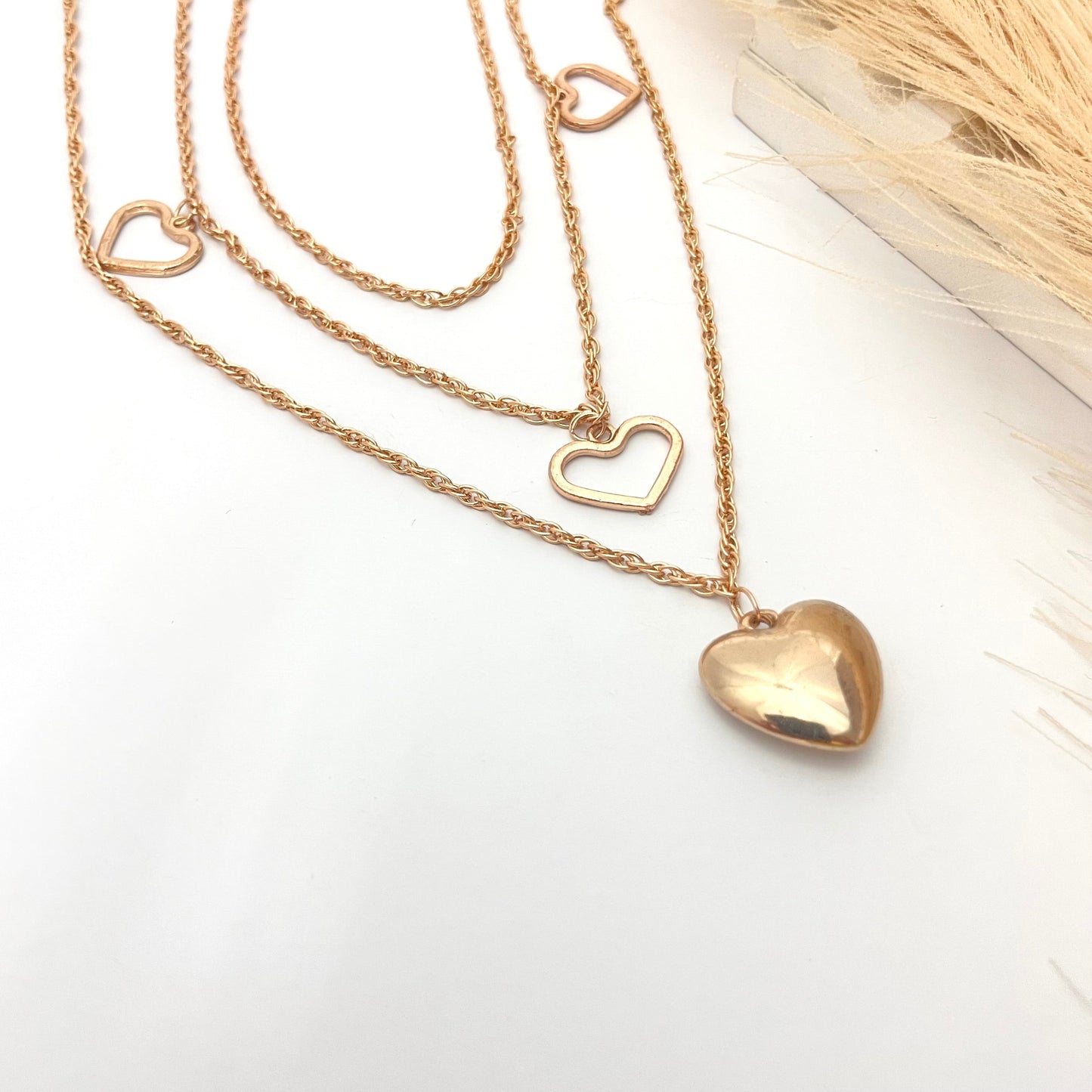 Golden Triple Layered Heart Pendant Charm Necklace For Girls Perfect For Dailywear - DropShp