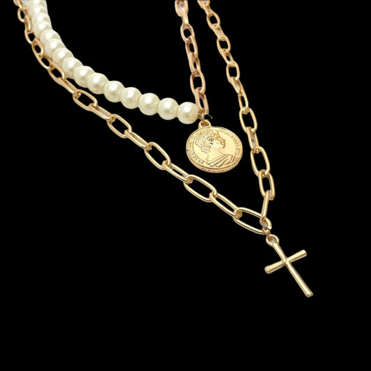 Double Layered Coin With Cross Charm Necklace Perfect For Dailywear - DropShp