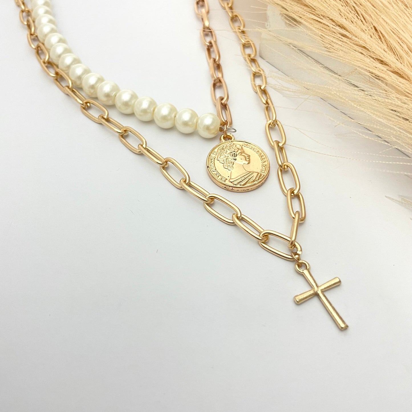 Double Layered Coin With Cross Charm Necklace Perfect For Dailywear - DropShp
