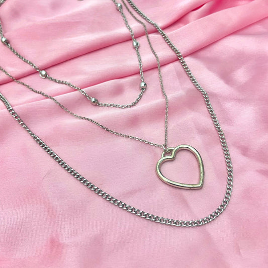 Silver Triple Layered Necklace With Heart Charm - DropShp