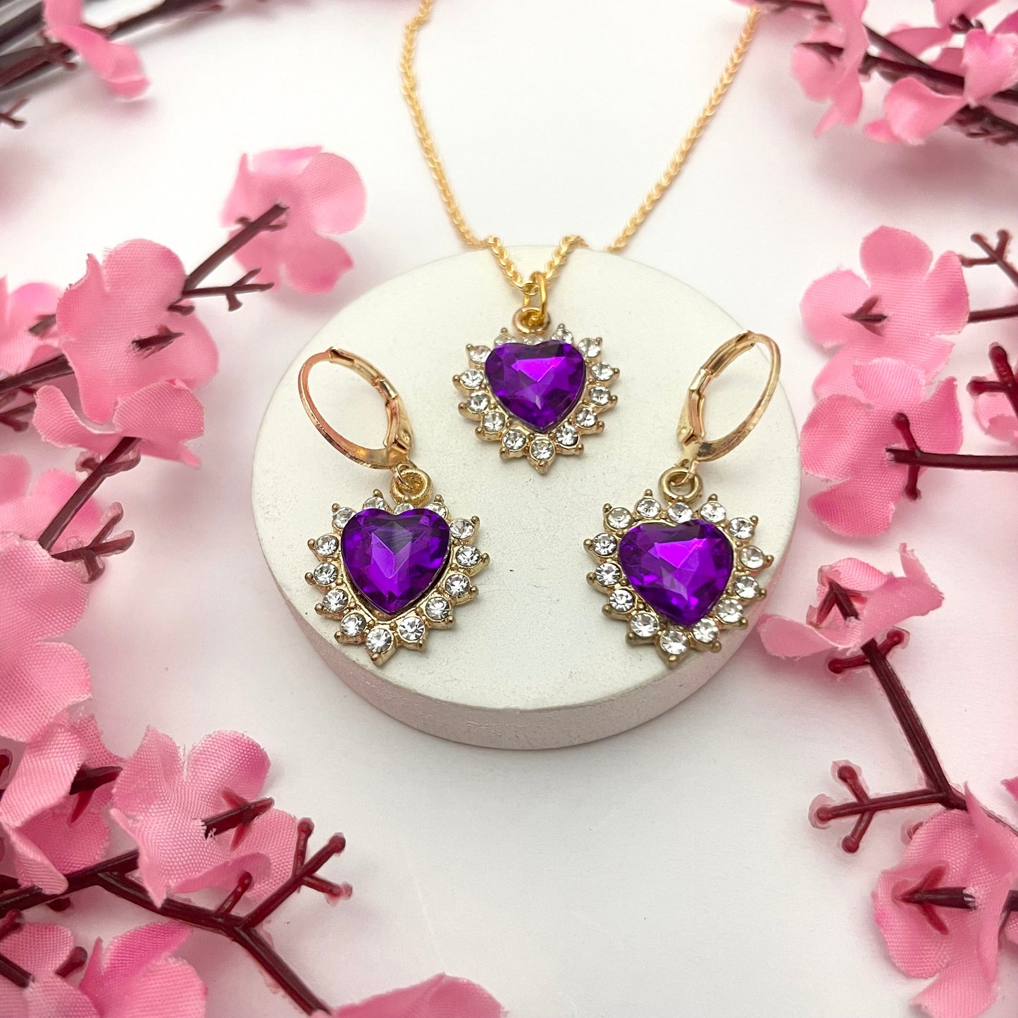 Cute Small Purple Heart Charm Huggies & Necklace Combo Perfect For Dailywear - DropShp