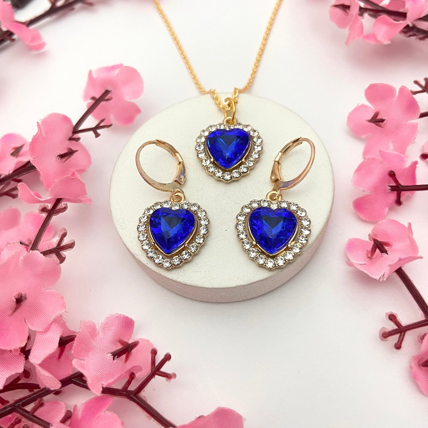 Cute Crystal Blue Heart Charm Huggies & Necklace Combo Perfect For Dailywear - DropShp