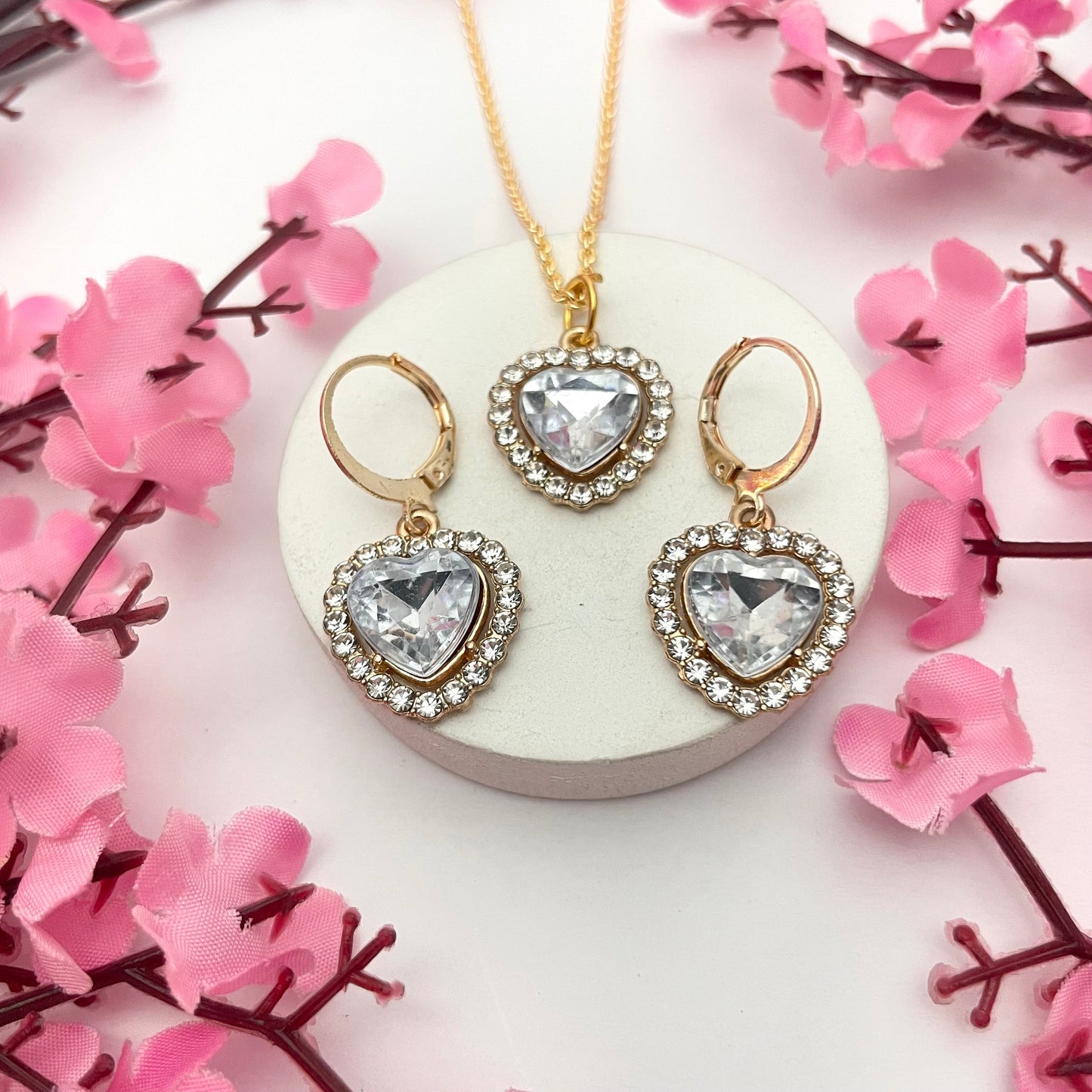 Cute Crystal White Heart Charm Huggies & Necklace Combo Perfect For Dailywear - DropShp