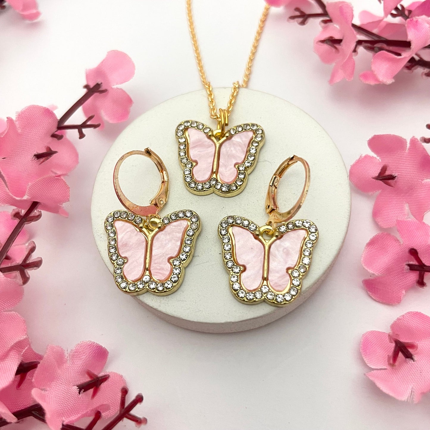 Cute Pink Stone Studded Charm Huggies & Necklace Combo Perfect For Dailywear - DropShp