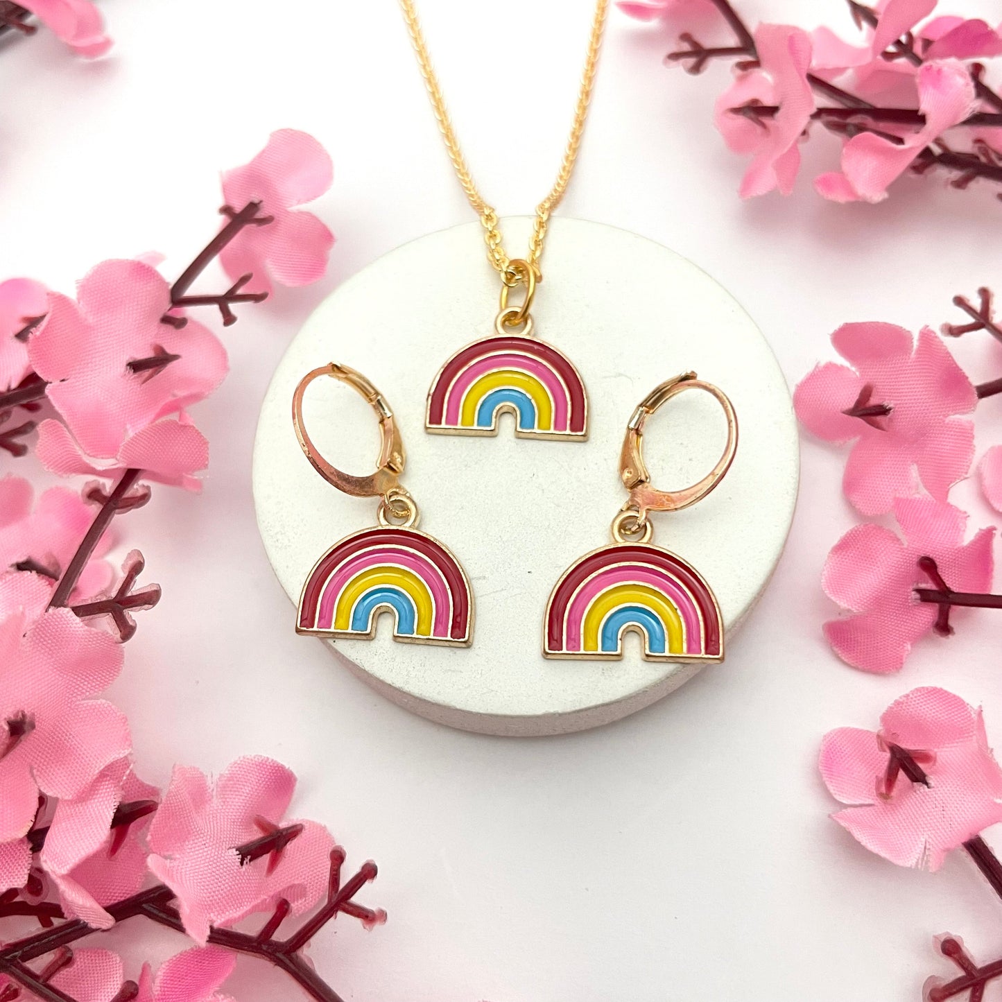 Cute Small Rainbow Charm Huggies & Necklace Combo Perfect For Dailywear - DropShp