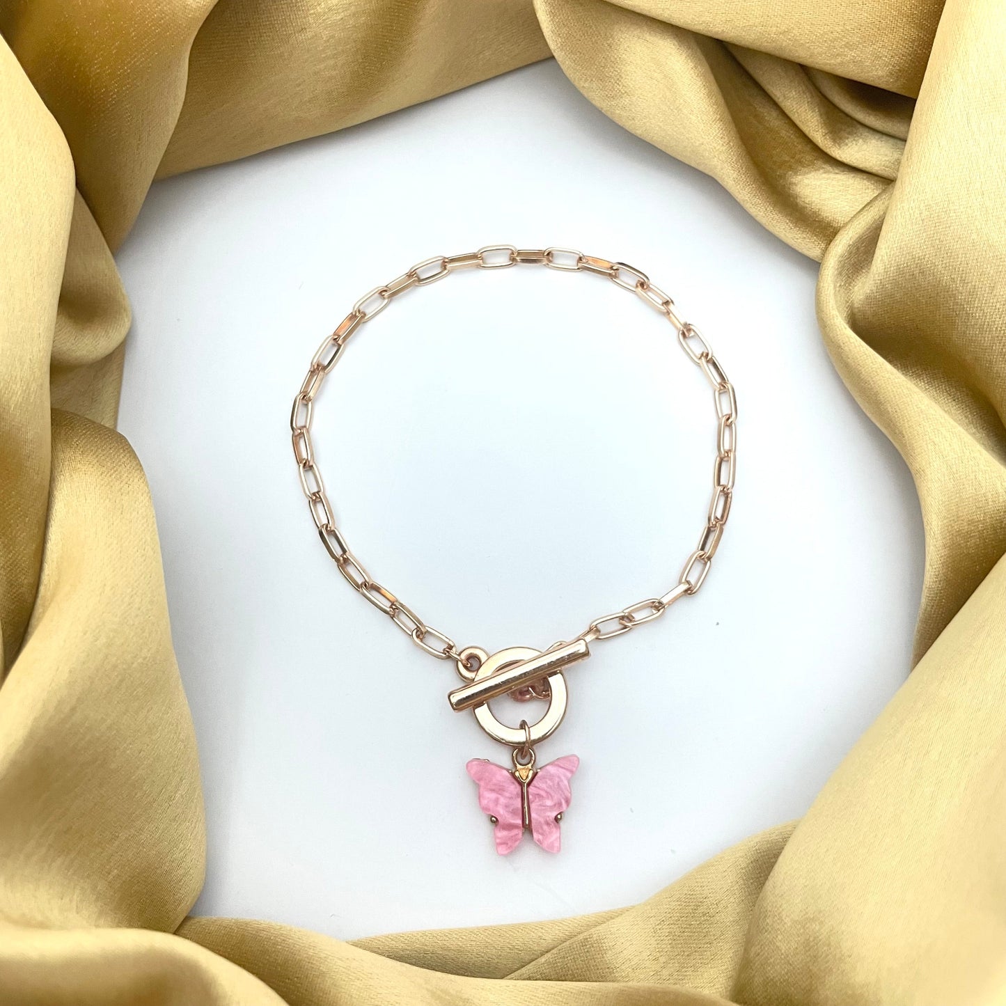 Simple Classic Slim Gold Link Chain Bracelet With Butterfly (Dark Pink) - DropShp