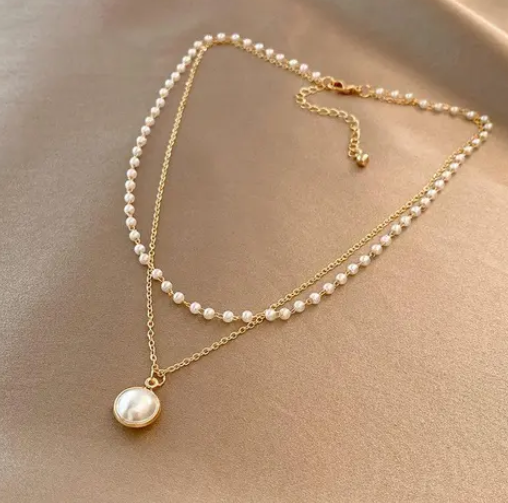 Layered Golden Hanging Pearl Pendant Charm Necklace Perfect For Dailywear - DropShp