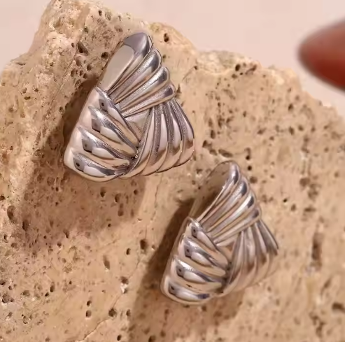 Silver Stainless Steel Geometric Triangle Wave Earrings - DropShp