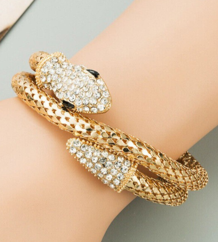 Gold-Plated Stone-Studded Snake Shaped Cuff Bracelet - DropShp