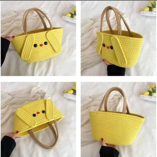 Jute Cotton Handmade CUTE Bucket Bag Casual Woven Beach Handbag for Vacation (Yellow) - DropShp