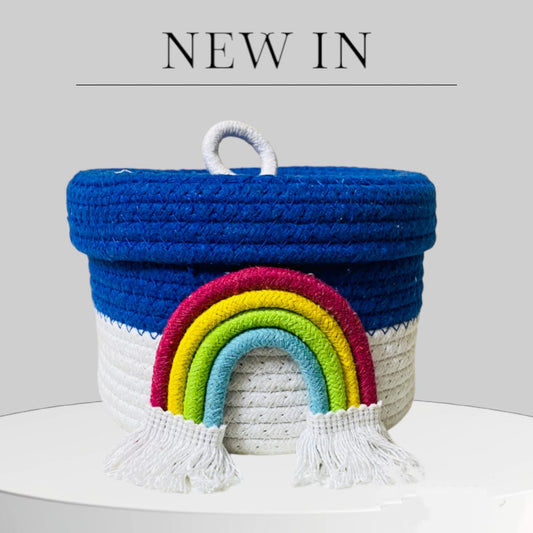 Jute Cotton Handmade RAINBOW Woven Basket (Blue) - DropShp
