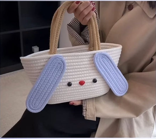 Jute Cotton Handmade CUTE Bucket Bag Casual Woven Beach Handbag for Vacation (White & Blue) - DropShp