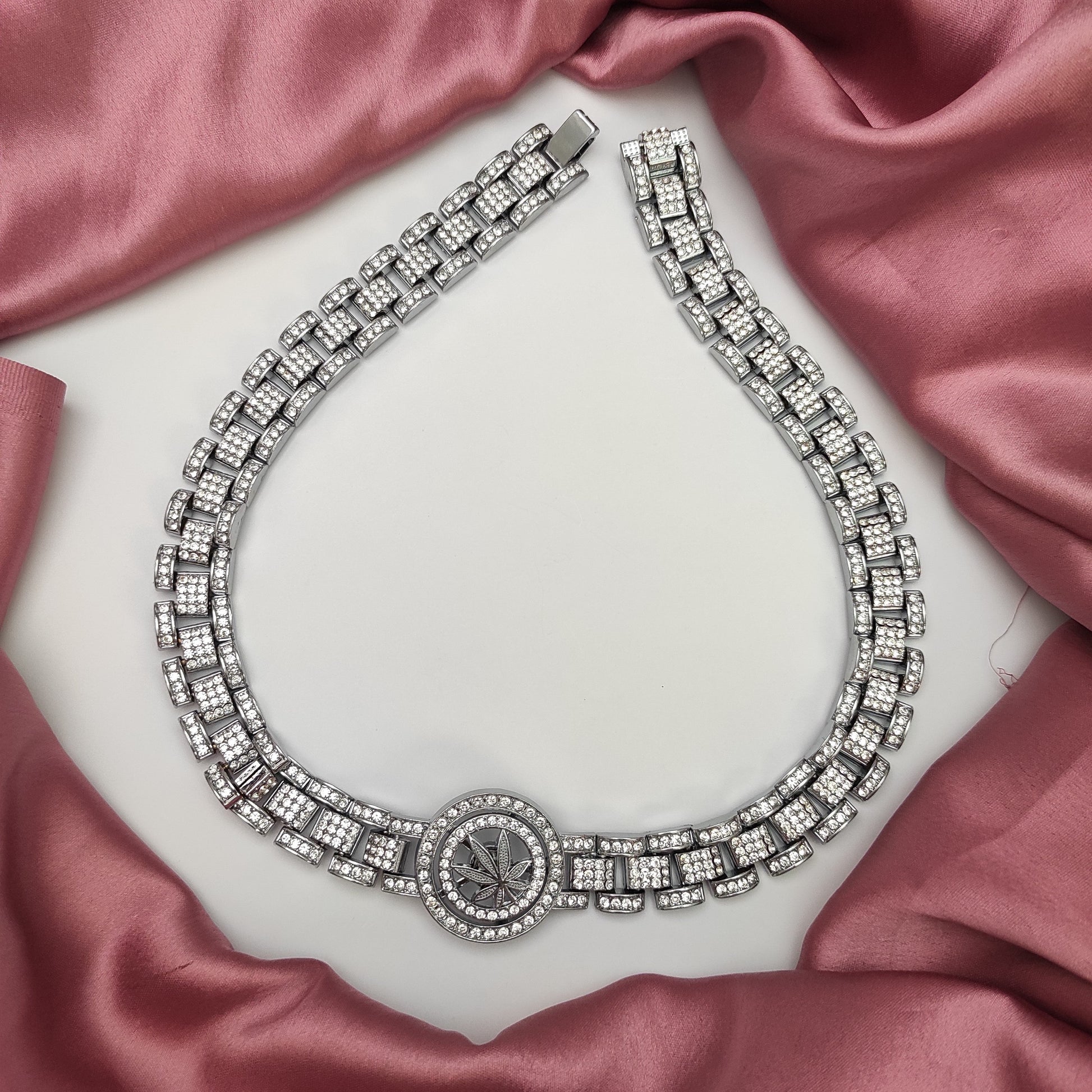 Silver Iced Out Hip Hop Stone Studded Weed Necklace - DropShp