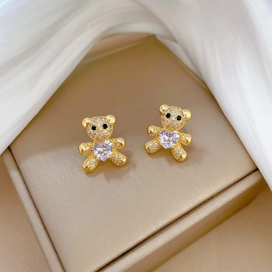 Stainless Steel Heart Crystal Teddy Bear Necklace and Earrings Set - DropShp