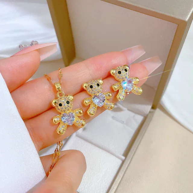 Stainless Steel Heart Crystal Teddy Bear Necklace and Earrings Set - DropShp