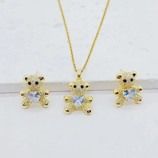 Stainless Steel Heart Crystal Teddy Bear Necklace and Earrings Set - DropShp