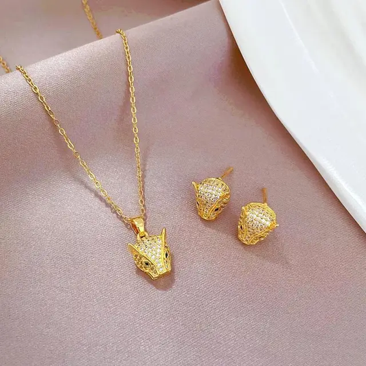 Stainless Steel Leopard Stud Earrings Necklace Set - DropShp