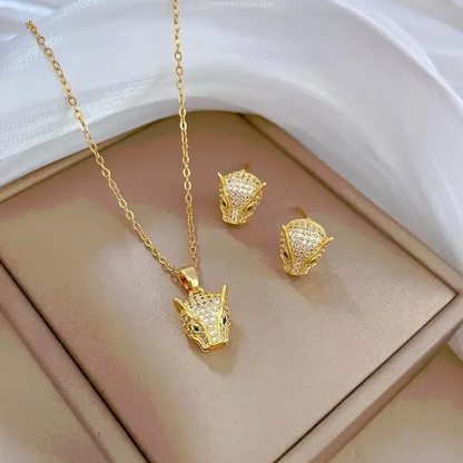Stainless Steel Leopard Stud Earrings Necklace Set - DropShp