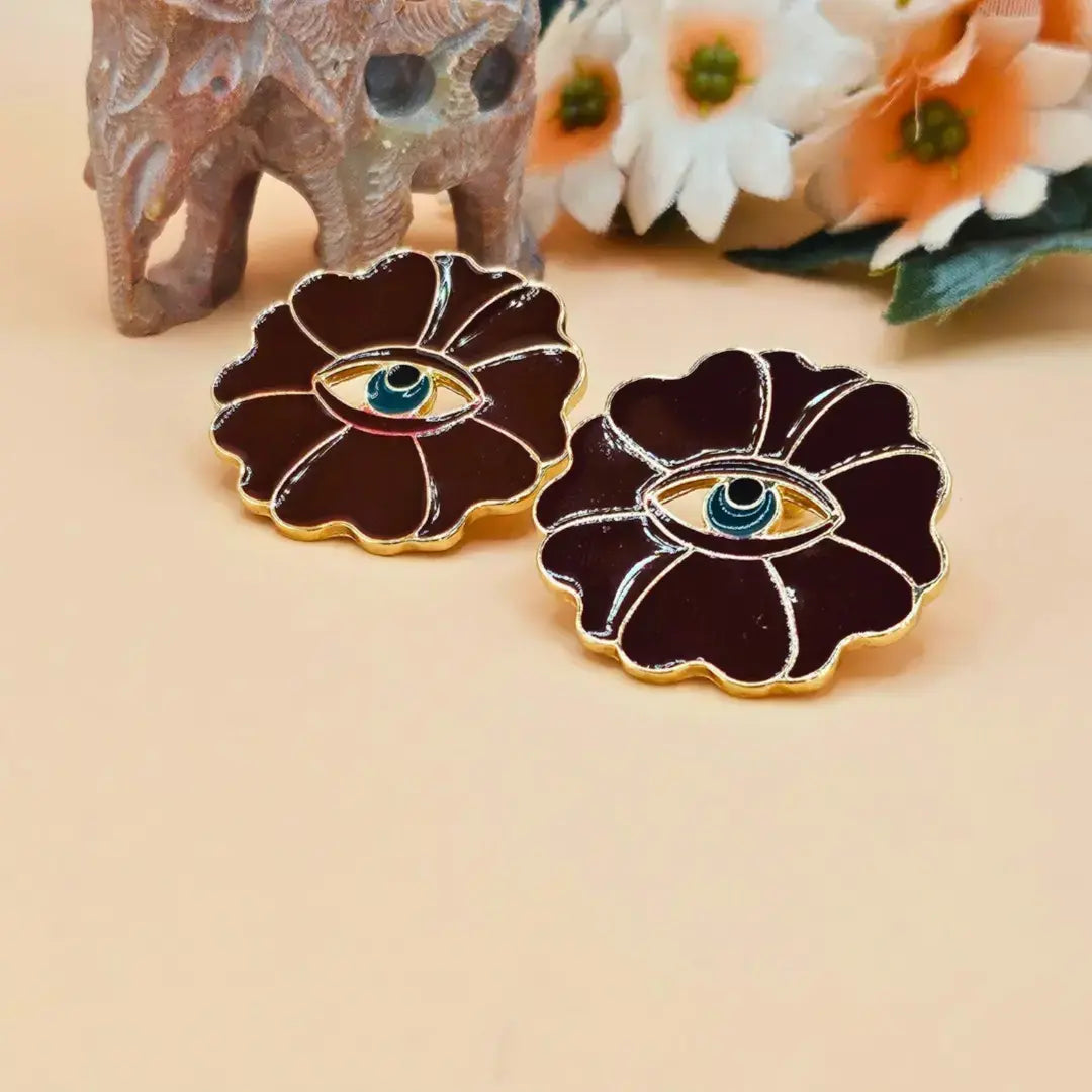 Golden Maroon Evil Eye Flower Stud Earrings for Women - DropShp