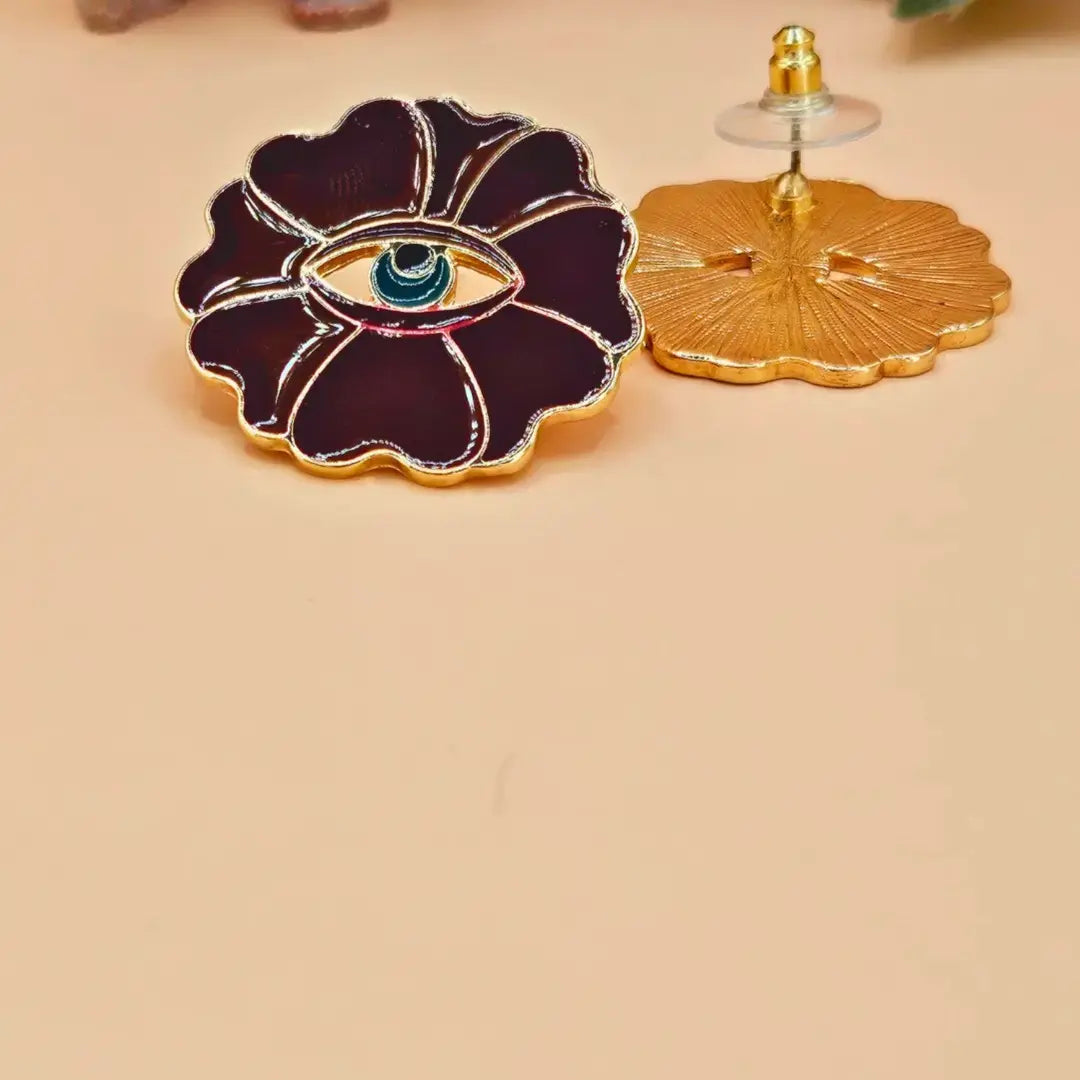 Golden Maroon Evil Eye Flower Stud Earrings for Women - DropShp