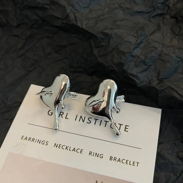 Silver Metal Piercing Heart Cupid's Arrow Stud Earrings for Women - DropShp